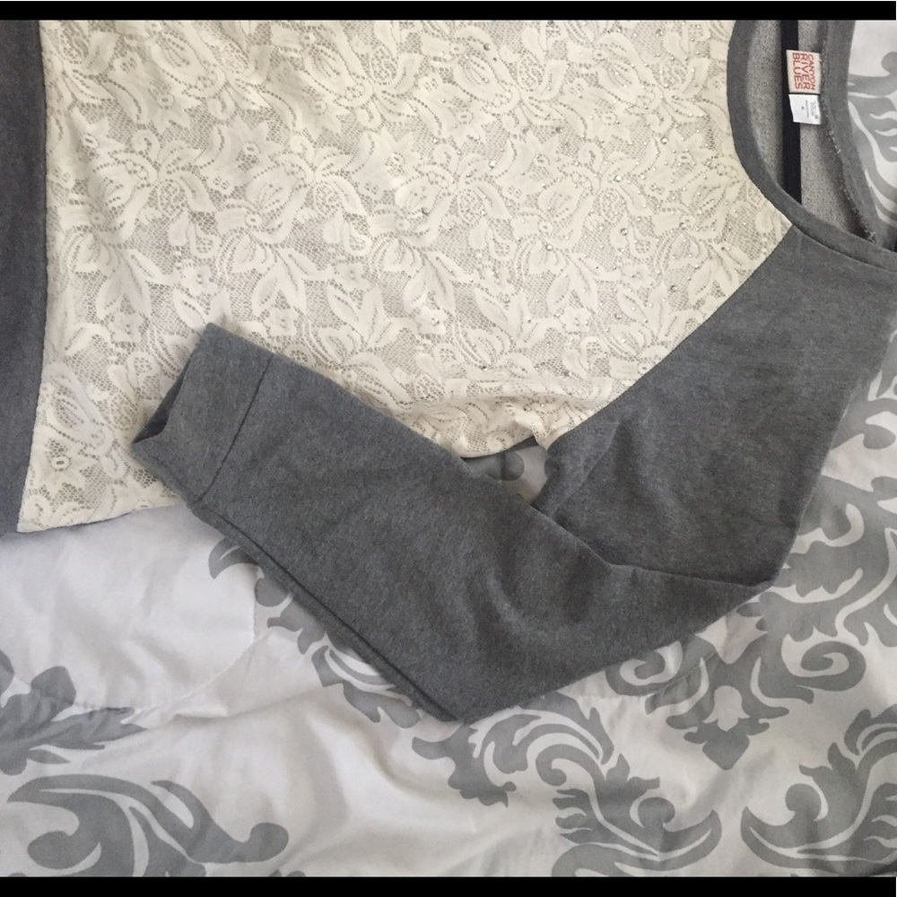 Gray and cream lace jeweled sweater